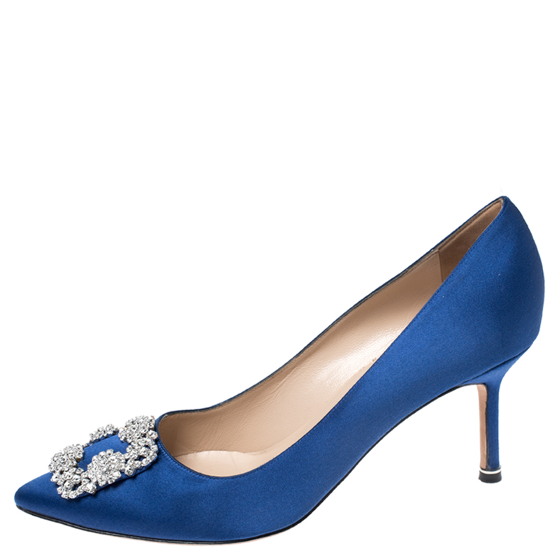 

Manolo Blahnik Blue Satin Hangisi Crystal Embellished Pointed Toe Pumps Size