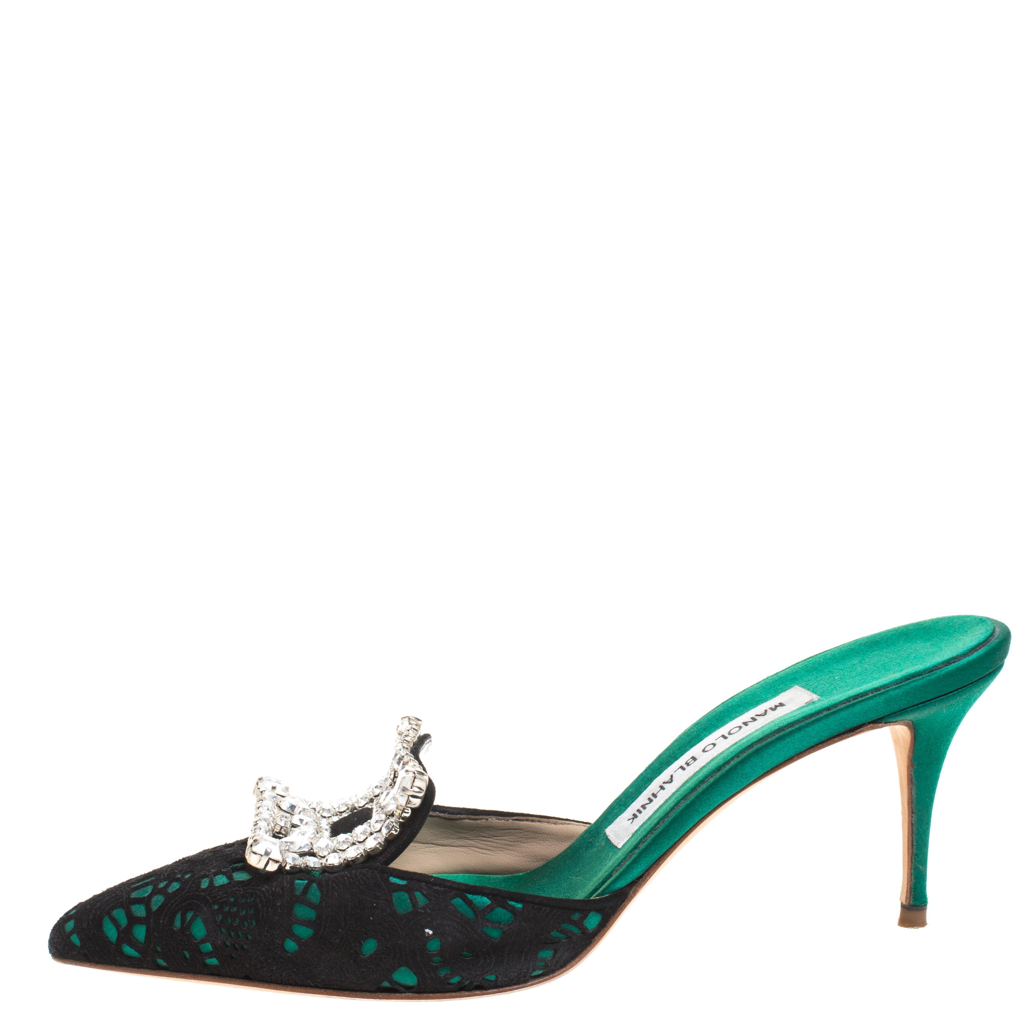 

Manolo Blahnik Green/Black Lasercut Suede and Satin Borli Mules Size