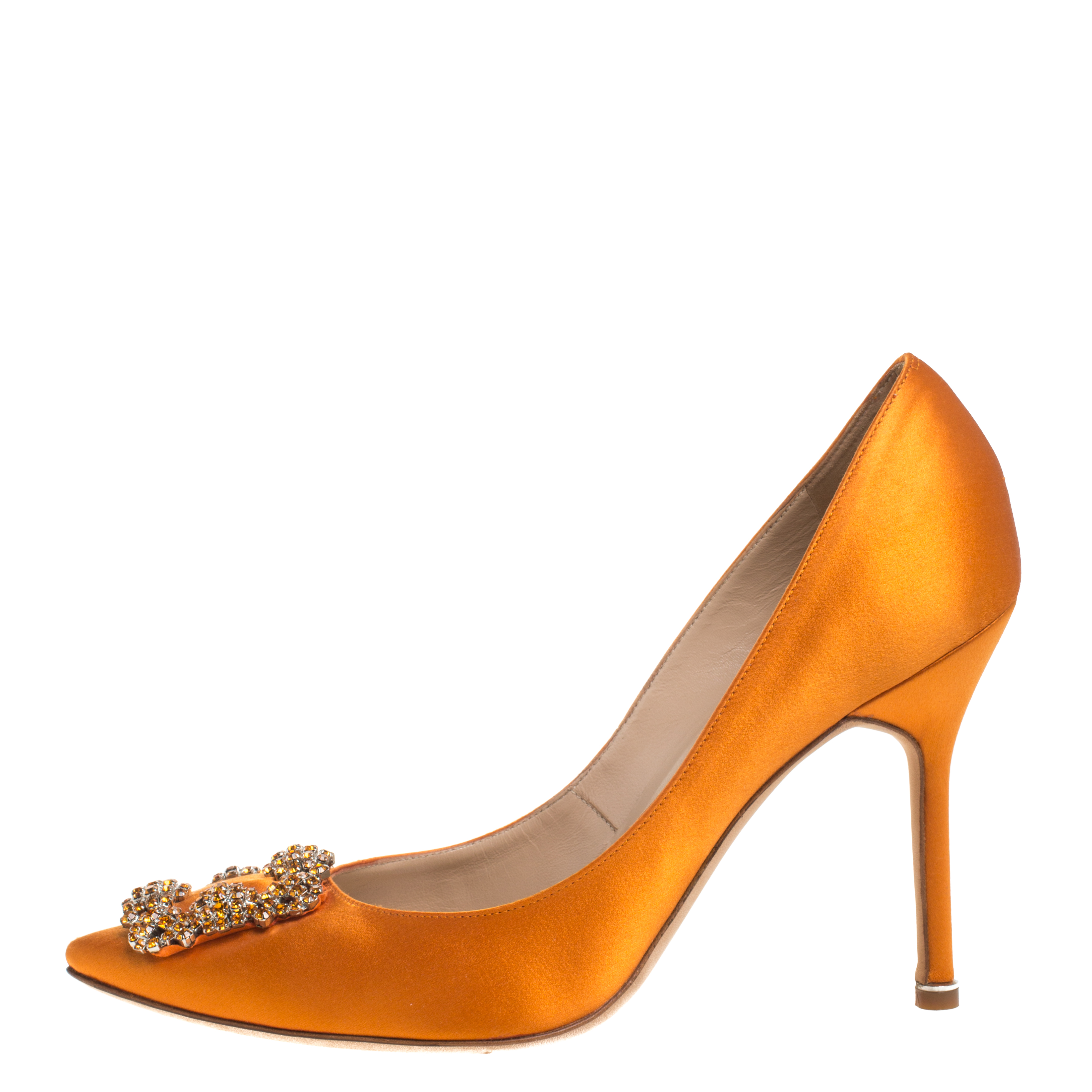 

Manolo Blahnik Orange Satin Hangisi Crystal Embellished Pumps Size