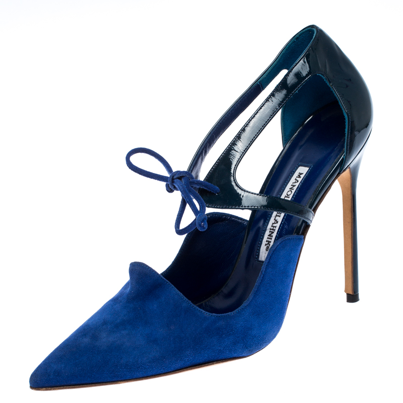 Click to view more detailed imagery on our partner's website Manolo Blahnik Blue Suede And Patent Leather Lace Up Pointed Toe Pumps Size 39