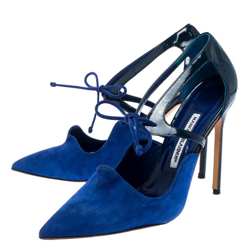Manolo Blahnik Blue Suede And Patent Leather Lace Up Pointed Toe Pumps Size 39