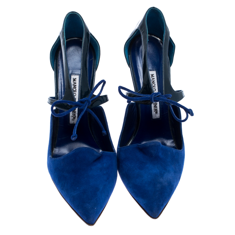 Manolo Blahnik Blue Suede And Patent Leather Lace Up Pointed Toe Pumps Size 39