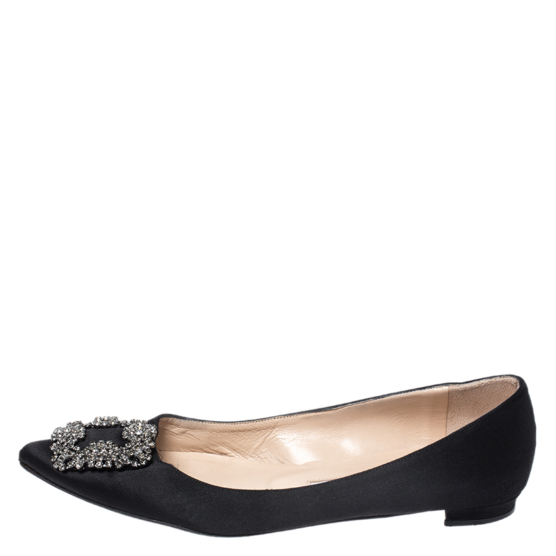 

Manolo Blahnik Black Satin Hangisi Crystal Embellished Pointed Toe Flats Size