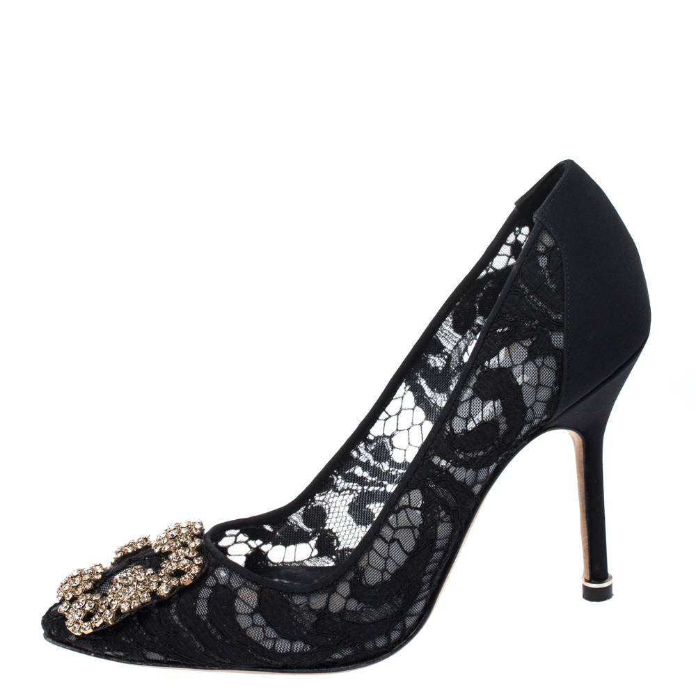 

Manolo Blahnik Black Lace and Satin Hangisi Pointed Toe Pumps Size