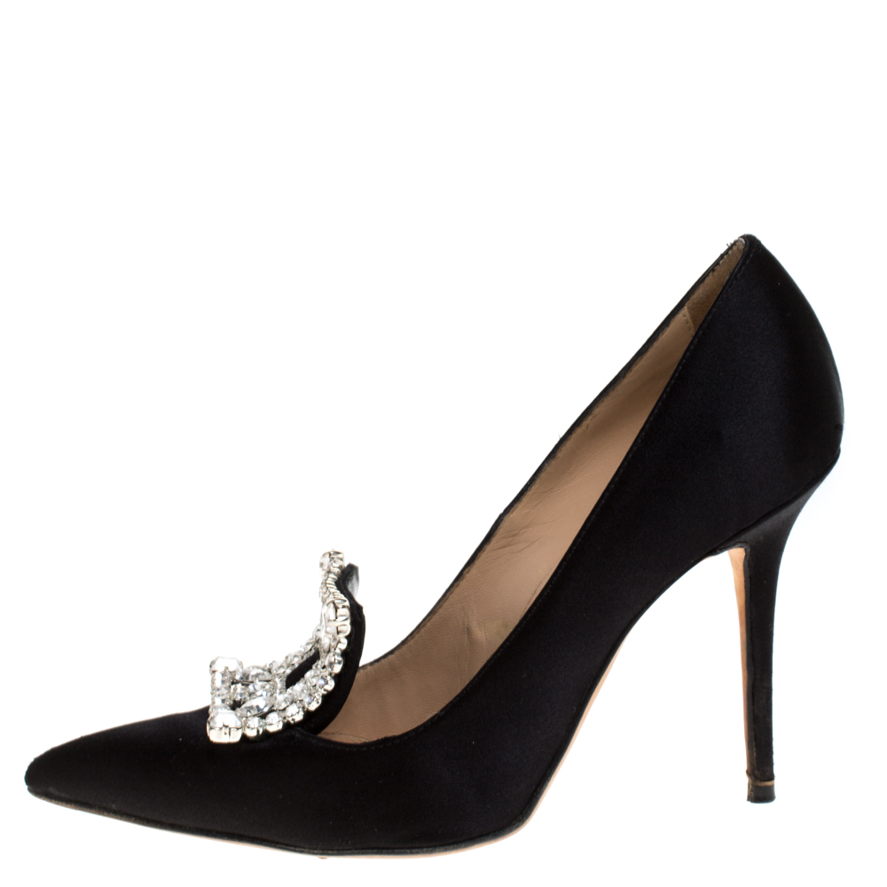 

Manolo Blahnik Black Satin Borlak Crystal Embellished Pumps Size