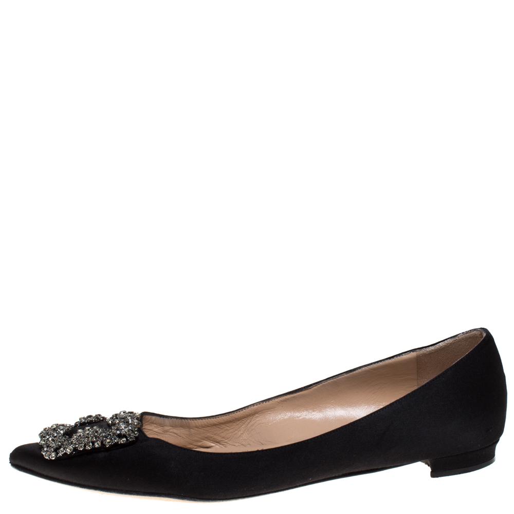 

Manolo Blahnik Black Satin Hangisi Crystal Embellished Ballet Flats Size
