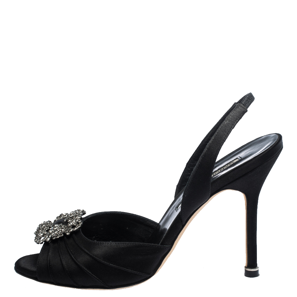 

Manolo Blahnik Black Satin Cassia Peep Toe Slingback Sandals Size