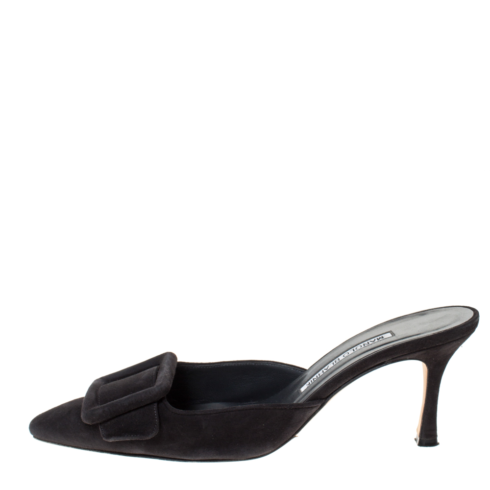 

Manolo Blahnik Black Suede Leather Maysale Pointed Toe Mule Sandals Size