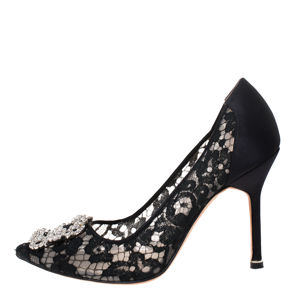 

Manolo Blahnik Black Lace and Satin Hangisi Pointed Toe Pumps Size