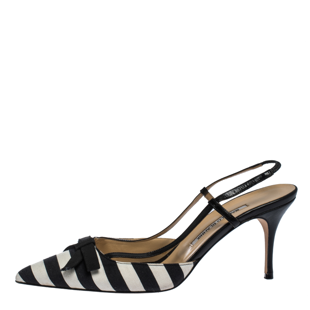 

Manolo Blahnik Black/White Stripe Canvas and Leather Galop Halter Sandals Size