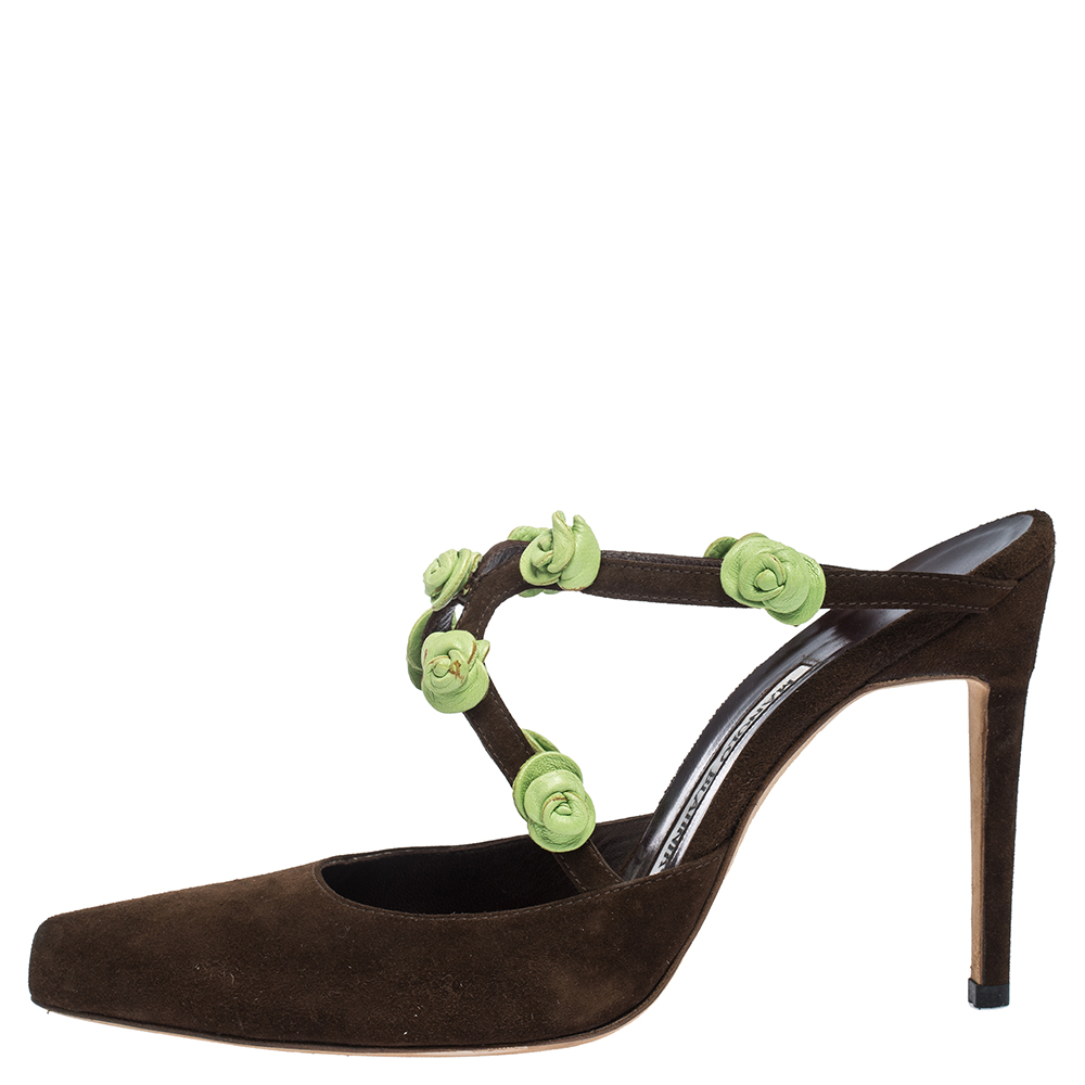 

Manolo Blahnik Brown Suede And Green Rose Embellished Pointed Toe Mules Size