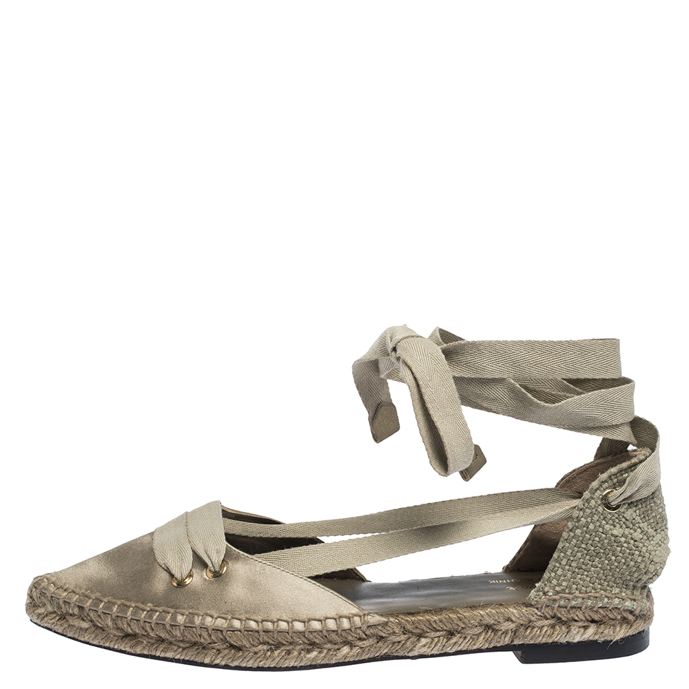 

Castaner By Manolo Blahnik Grey Satin And Canvas Espadrille Pointed Toe Ankle Tie Flat Sandals Size