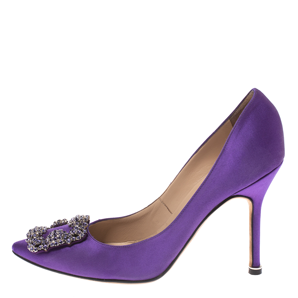 

Manolo Blahnik Purple Satin Hangisi Crystal Embellished Pumps Size