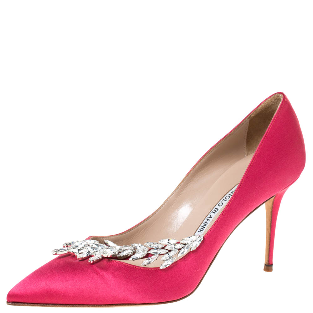 Manolo Blahnik Pink Satin Jewel Embellished Nadira Pumps Size 38.5 ...