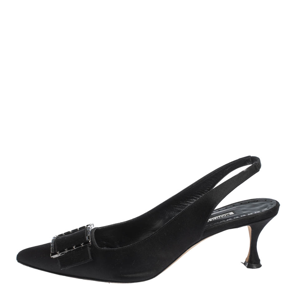 

Manolo Blahnik Black Satin Dolores Pointed Toe Slingback Sandals Size