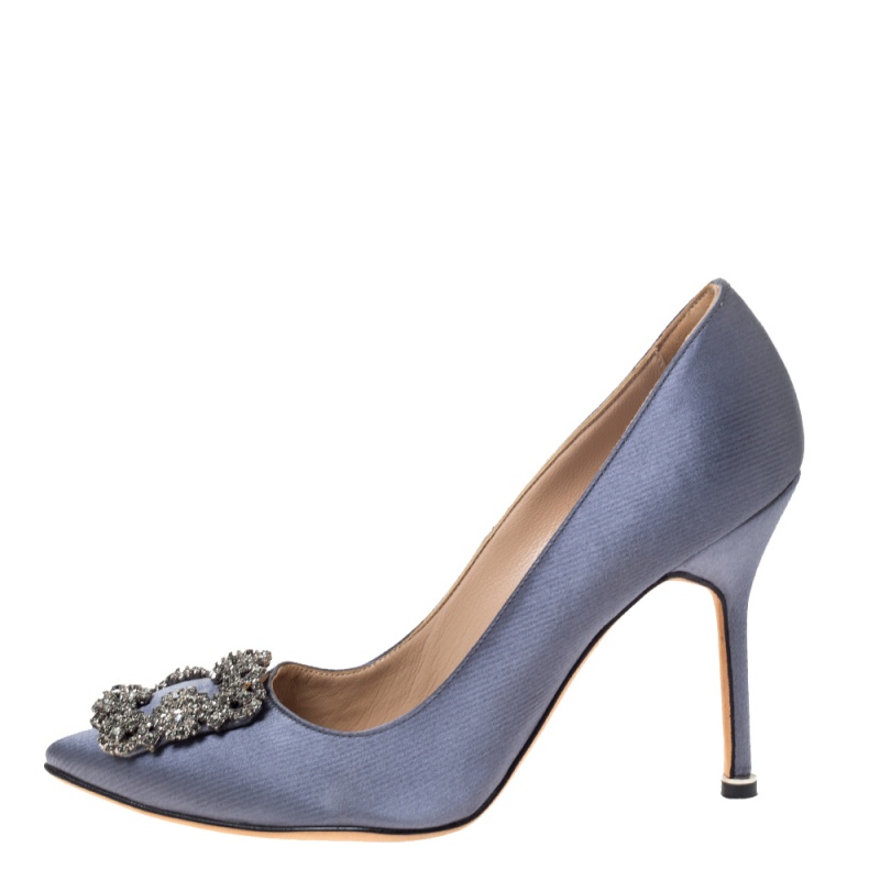 

Manolo Blahnik Metallic Ash Grey Satin Hangisi Crystal Embellished Pumps Size