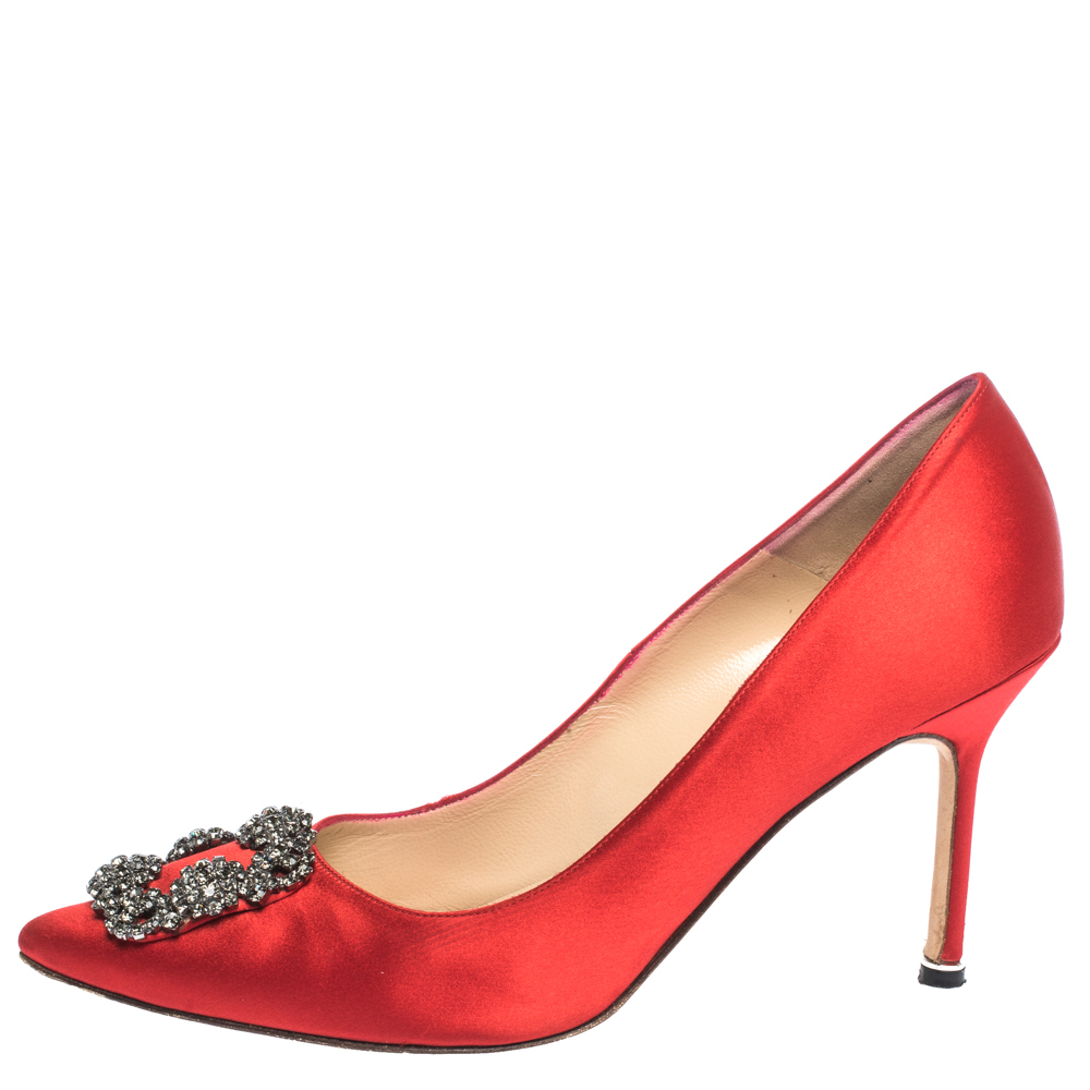 

Manolo Blahnik Red Satin Hangisi Embellished Pointed Toe Pumps Size