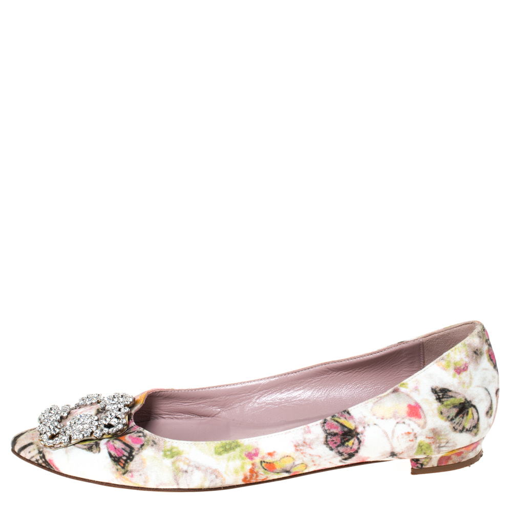 

Manolo Blahnik White Butterfly Print Satin Hangisi Crystal Embellished Ballet Flats Size