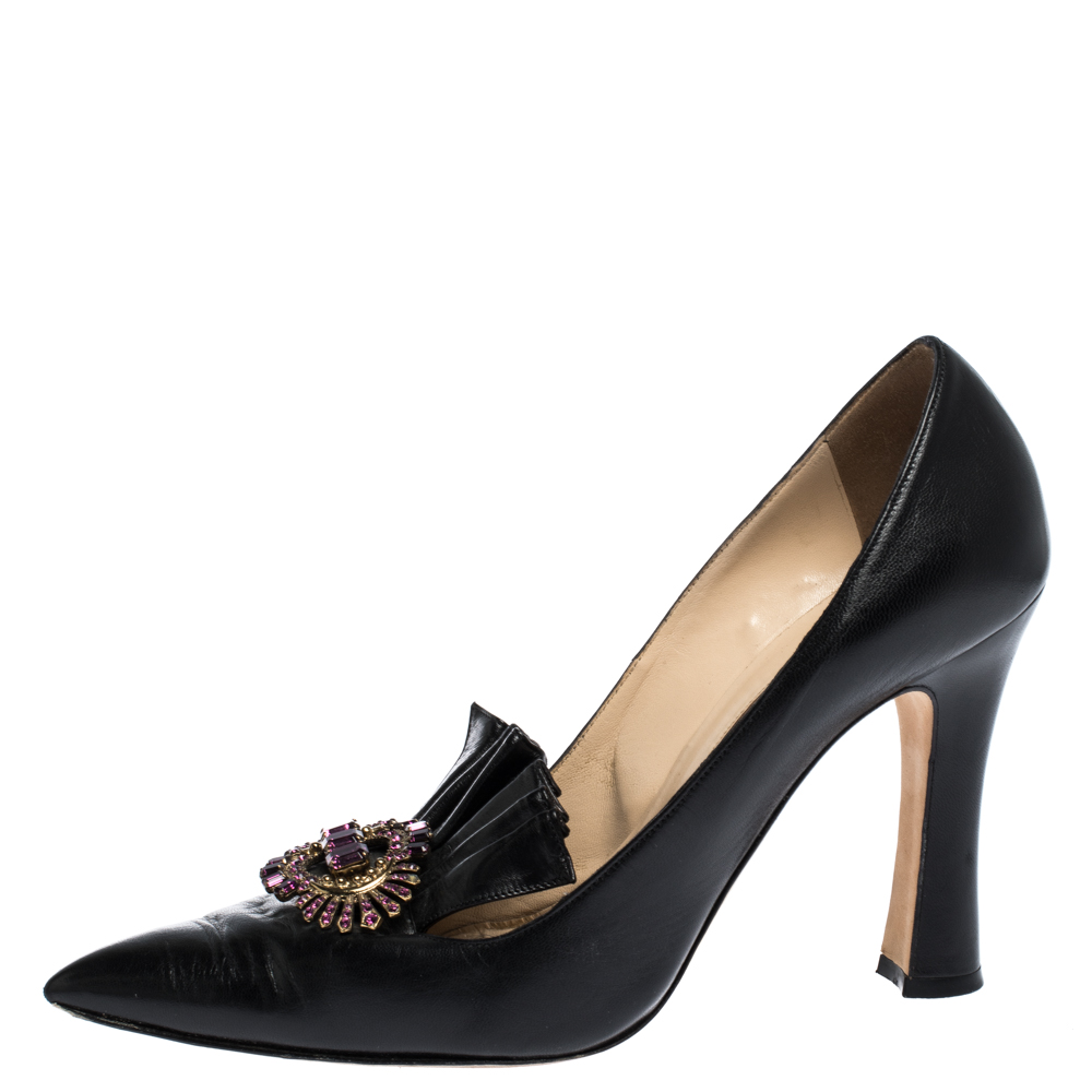 

Manolo Blahnik Black Leather Crystal Embellished Frill Detail Pointed Toe Pumps Size