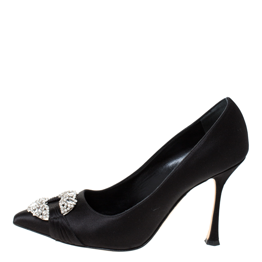 

Manolo Blahnik Black Satin Maidu Crystal Embellished Pumps Size