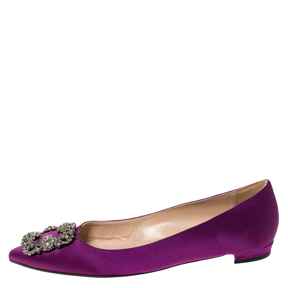 

Manolo Blahnik Purple Satin Hangisi Crystal Embellished Ballet Flats Size