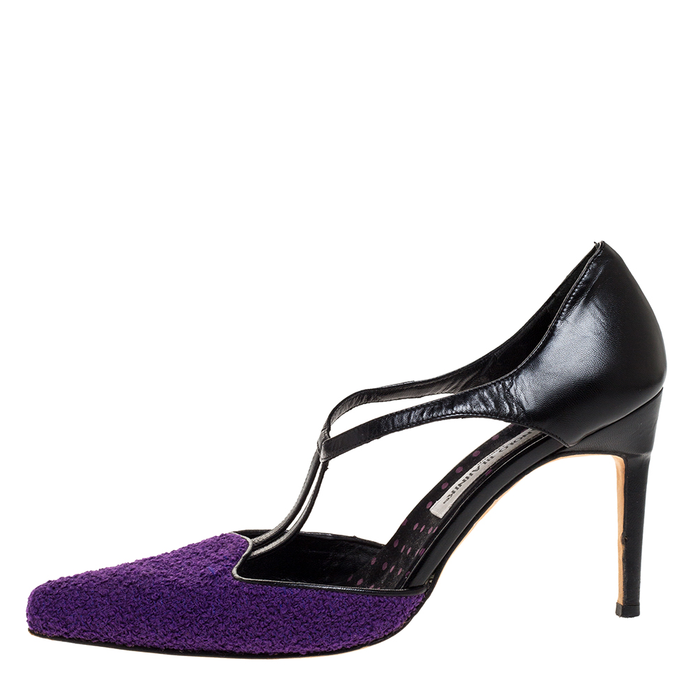 

Manolo Blahnik Purple Tweed and Black Leather T-Bar Square Toe Pumps Size