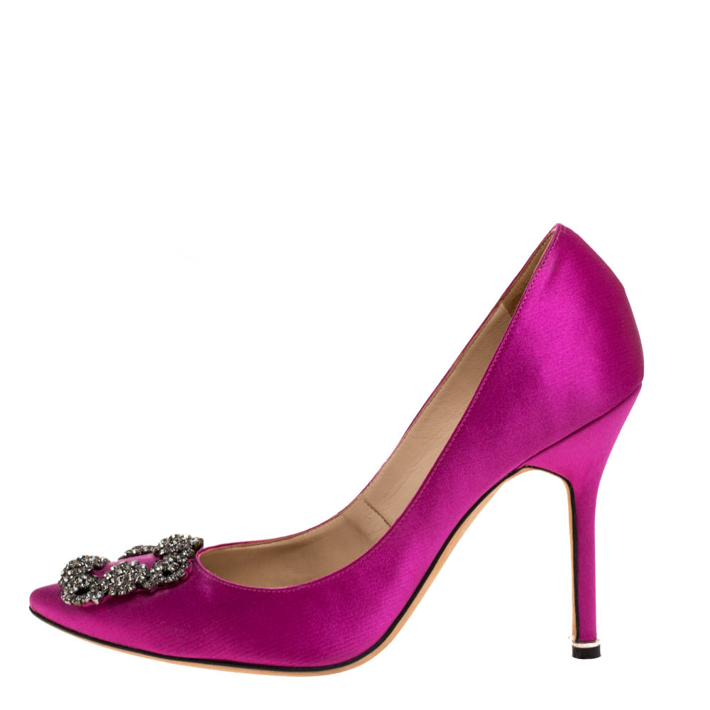 

Manolo Blahnik Fuschia Satin Hangisi Crystal Embellished Pumps Size, Pink