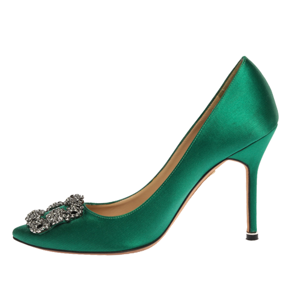 

Manolo Blahnik Green Satin Hangisi Crystal Embellished Pumps Size