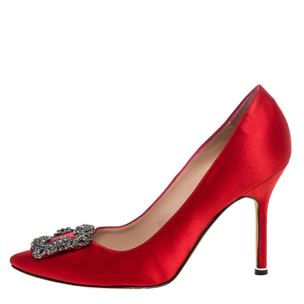 

Manolo Blahnik Red Satin Hangisi Embellished Pointed Toe Pumps Size