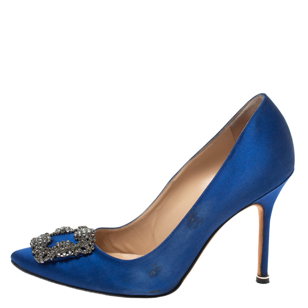 

Manolo Blahnik Blue Satin Hangisi Crystal Embellished Pumps Size