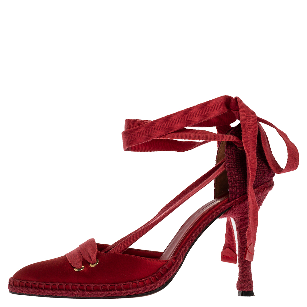 

Castaner By Manolo Blahnik Red Satin And Canvas Espadrille Pointed Toe Ankle Tie Sandals Size