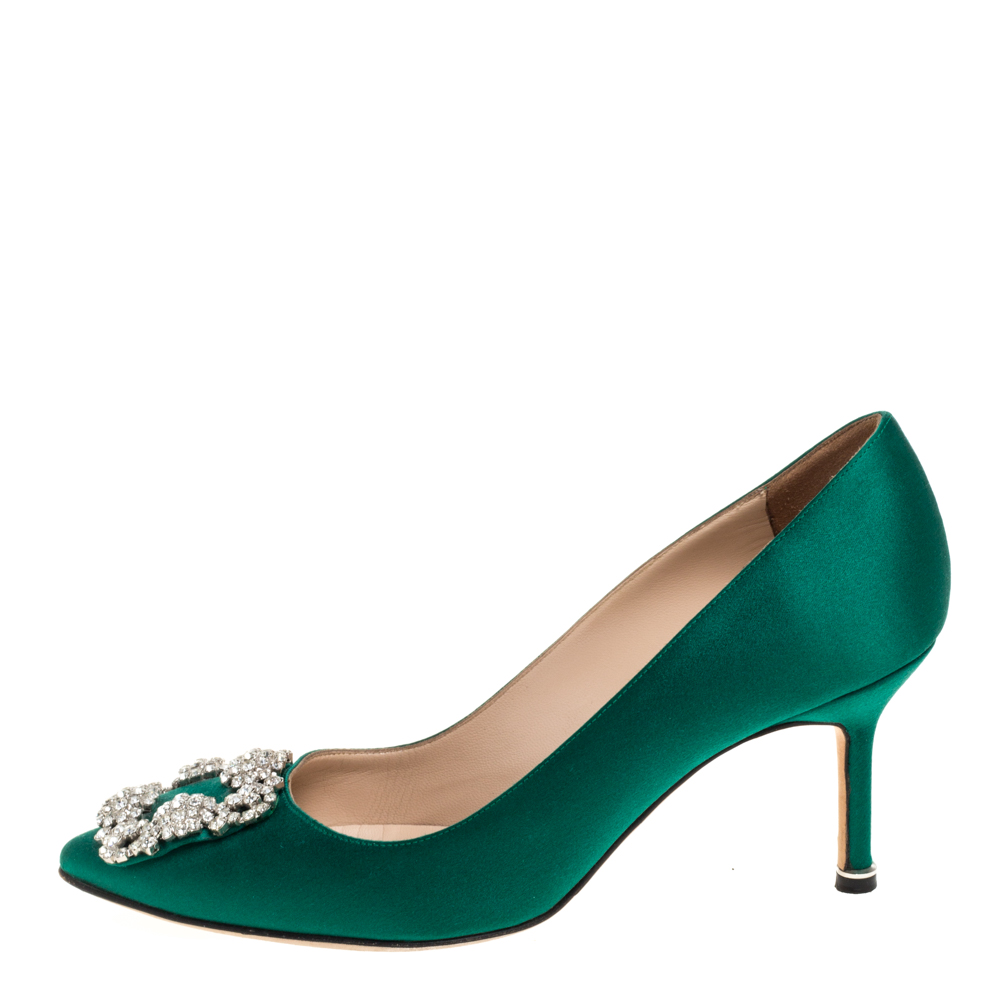 

Manolo Blahnik Green Satin Hangisi Crystal Embellished Pumps Size