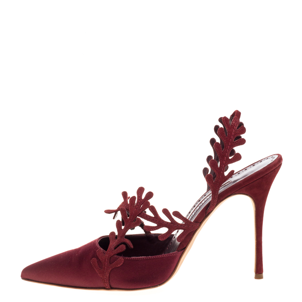 

Manolo Blahnik Burgundy Satin Leaf Slingback Sandals Size