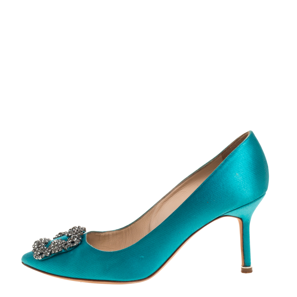 

Manolo Blahnik Blue Satin Hangisi Crystal Embellished Pointed Toe Pumps Size