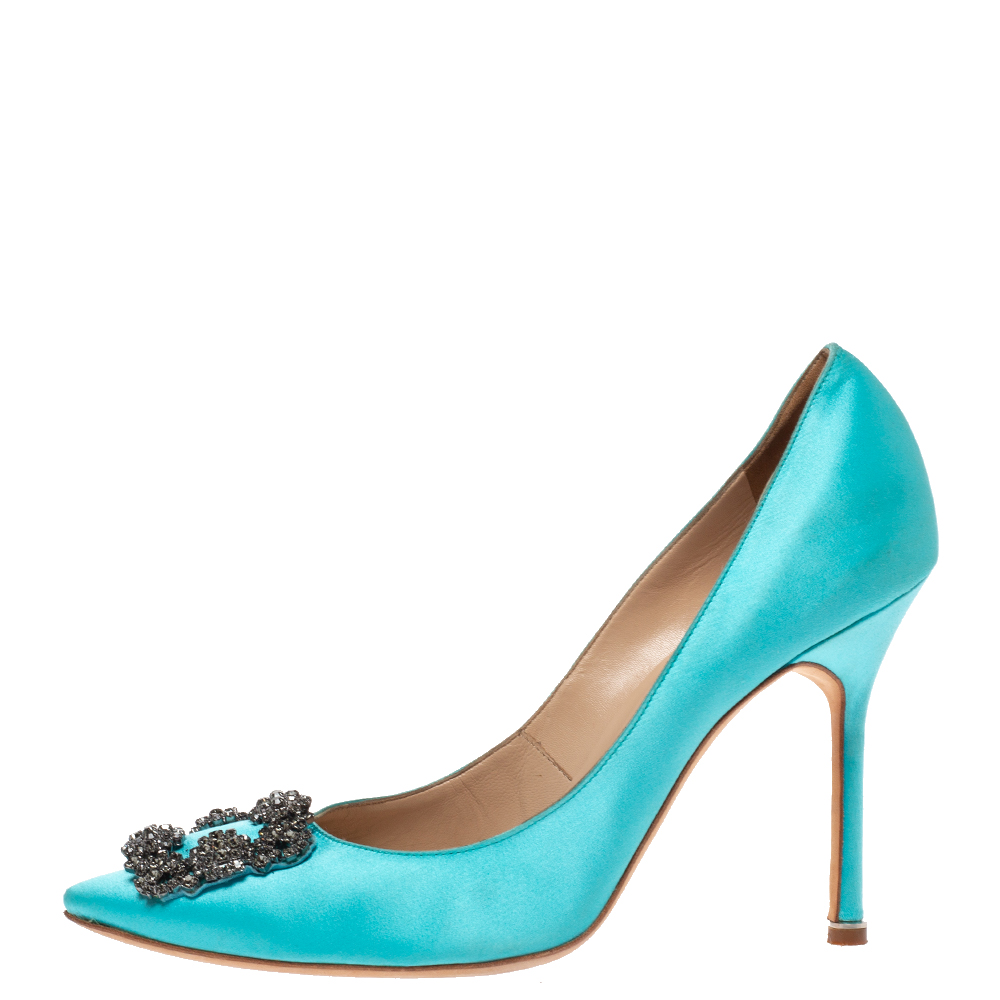 

Manolo Blahnik Blue Satin Hangisi Crystal Embellished Pumps Size