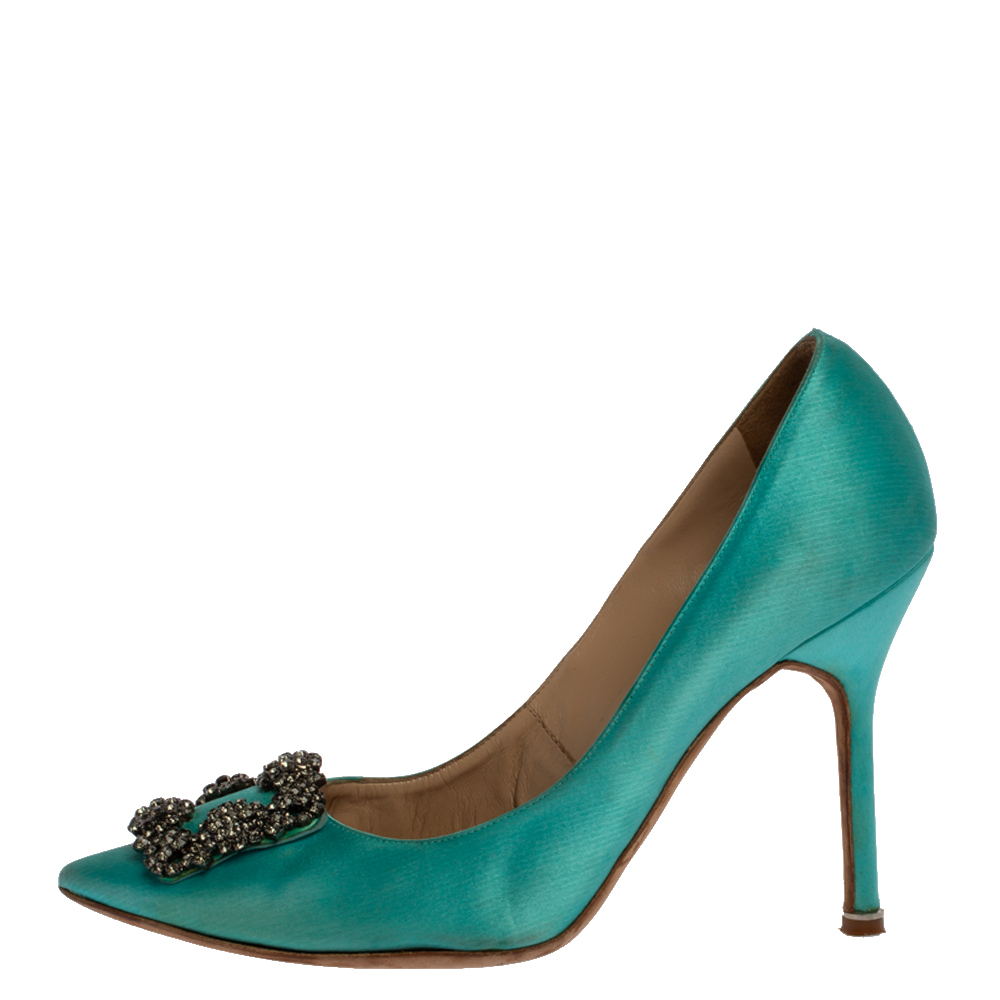 

Manolo Blahnik Blue Satin Hangisi Crystal Embellished Pumps Size