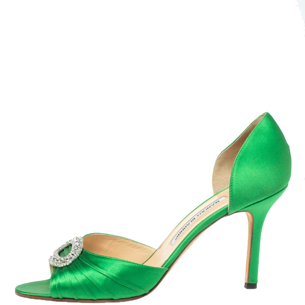 

Manolo Blahnik Green Satin Sedaraby Crystal Embellished Open Pumps Size