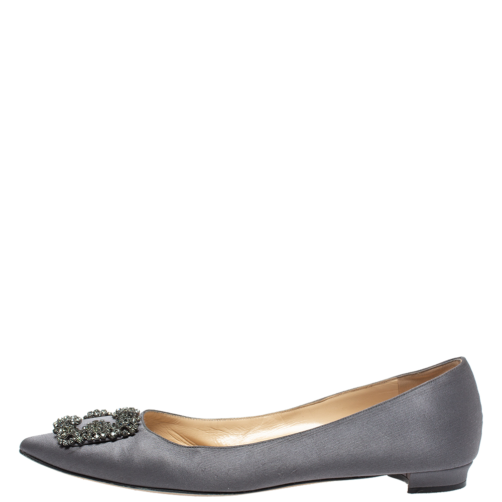 

Manolo Blahnik Grey Satin Hangisi Crystal Embellished Ballet Flats Size