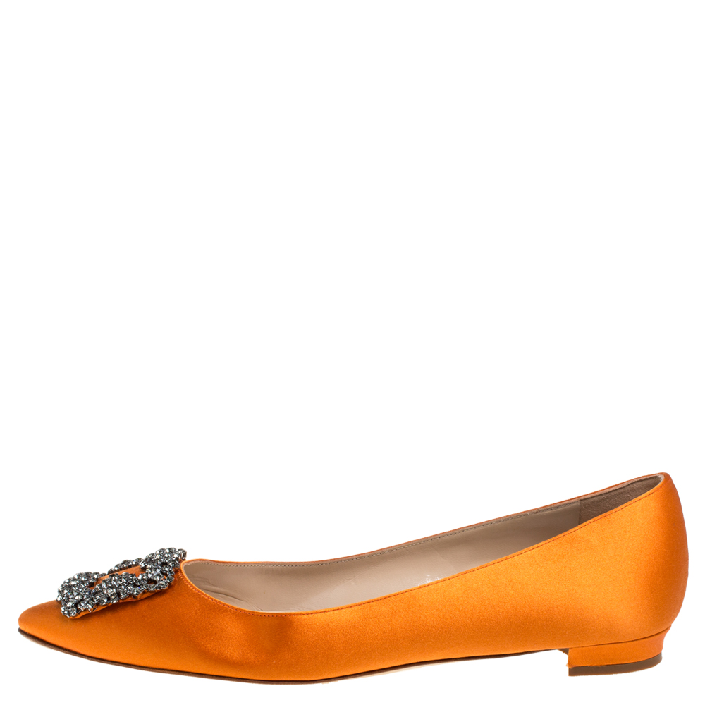 

Manolo Blahnik Orange Satin Hangisi Crystal Embellished Flats Size