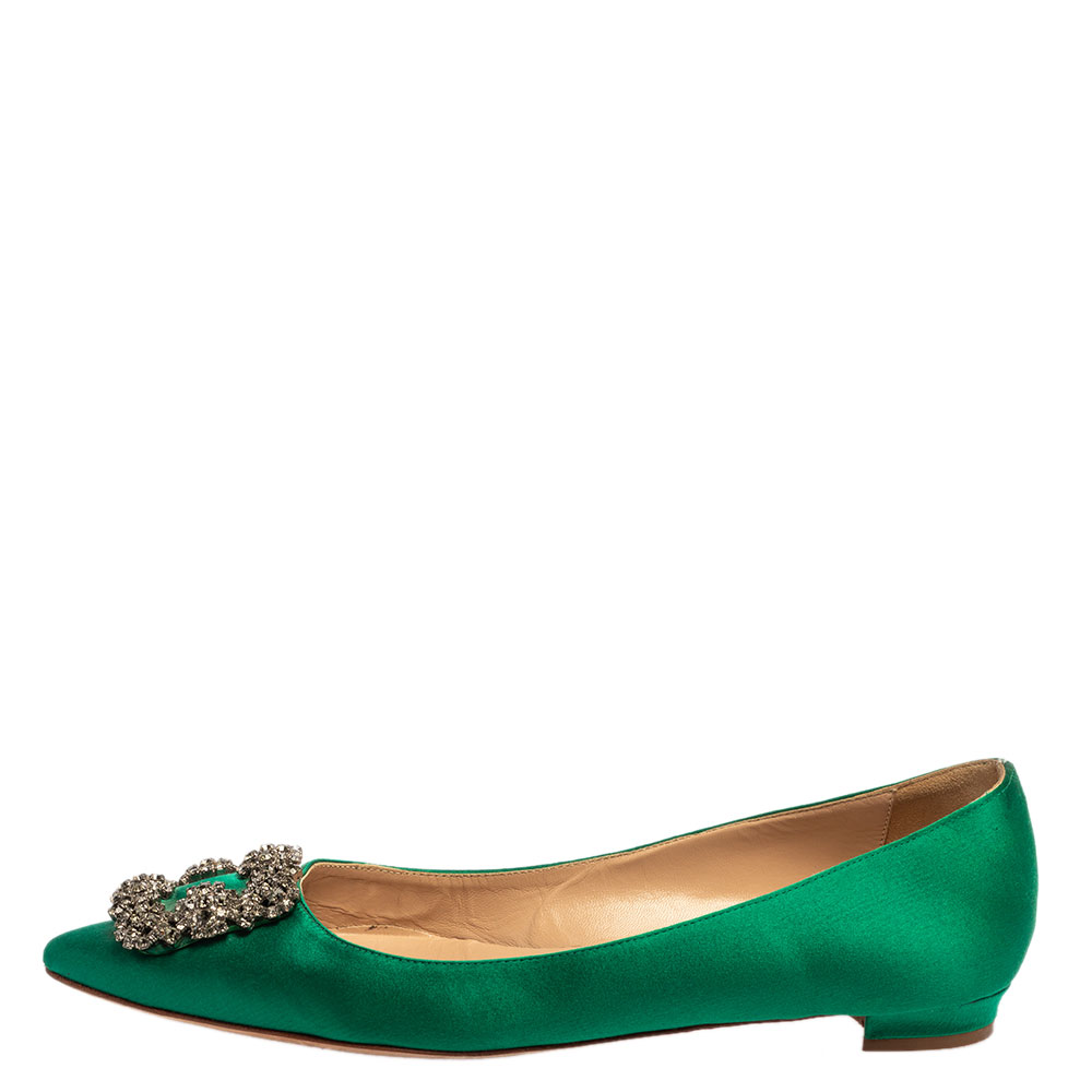 

Manolo Blahnik Green Satin Hangisi Flats Size, Gold
