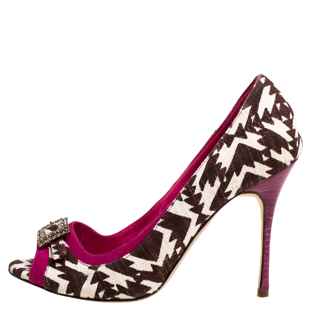 

Manolo Blahnik Tri Color Printed Canvas And Suede Buckle Embellished Detail Peep Toe Pumps Size, Multicolor
