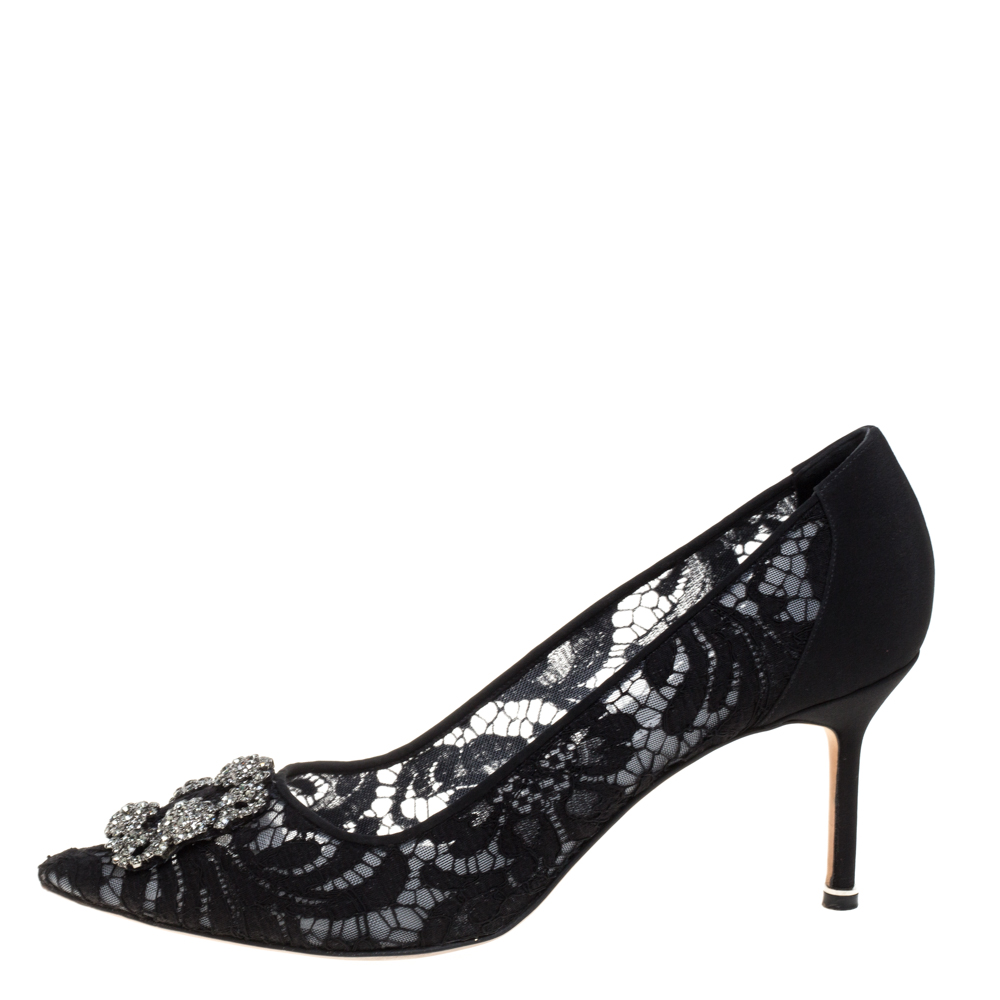 

Manolo Blahnik Black Lace And Fabric Hangisi Crystal Embellished Pumps Size