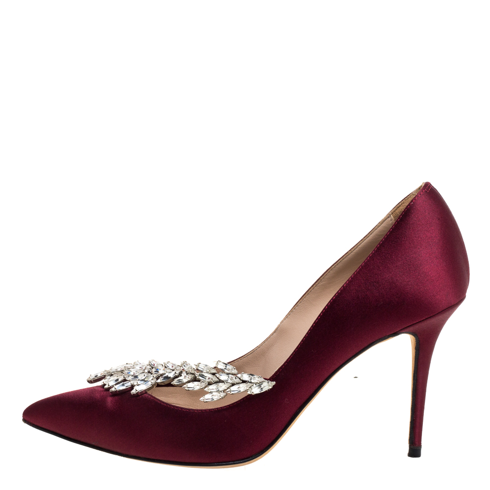 

Manolo Blahnik Burgundy Satin Nadira Crystal Embellished Pointed Toe Pumps Size