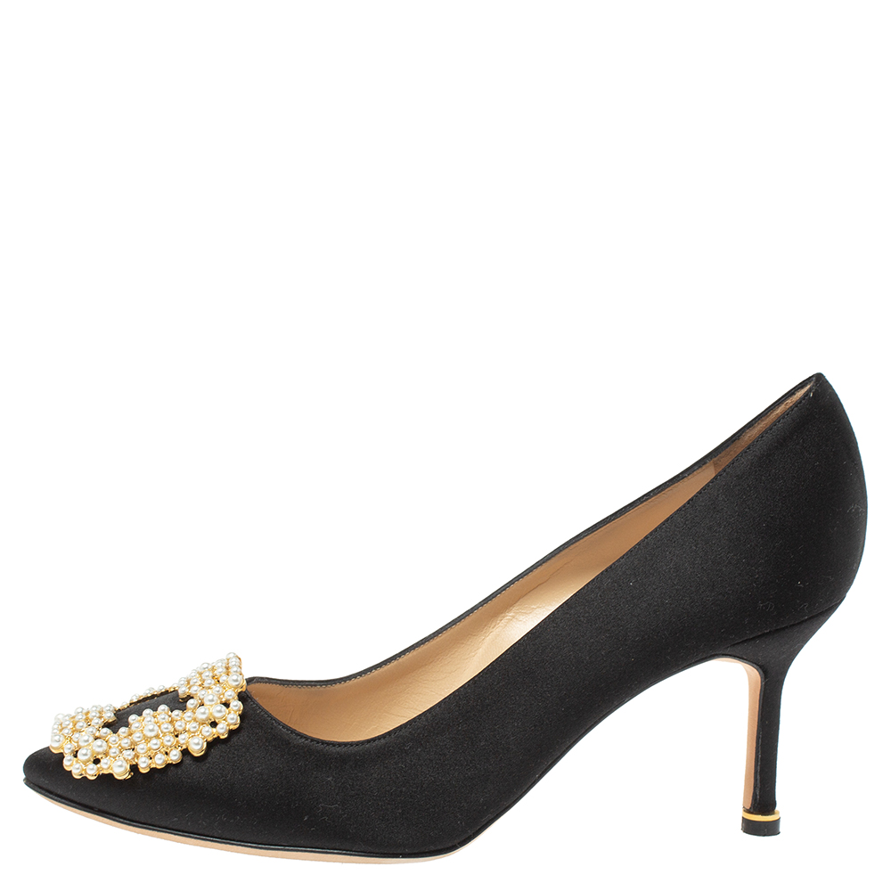 

Manolo Blahnik Black Satin Pearl Embellished Hangisi Pumps Size