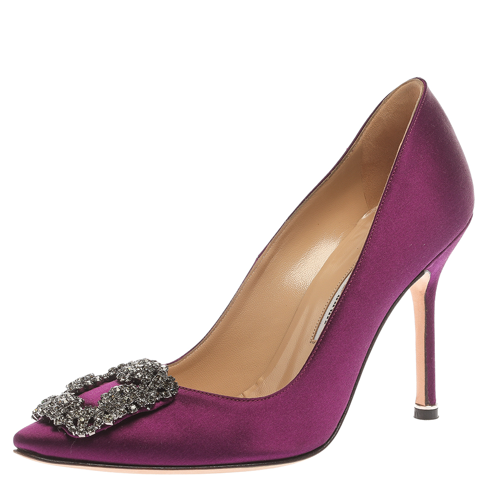 Pre Owned Manolo Blahnik Purple Satin Hangisi  Pumps Size 36.5
