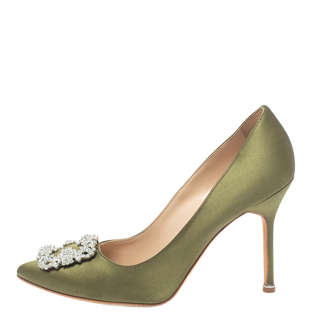 

Manolo Blahnik Green Satin Hangisi Pumps Size