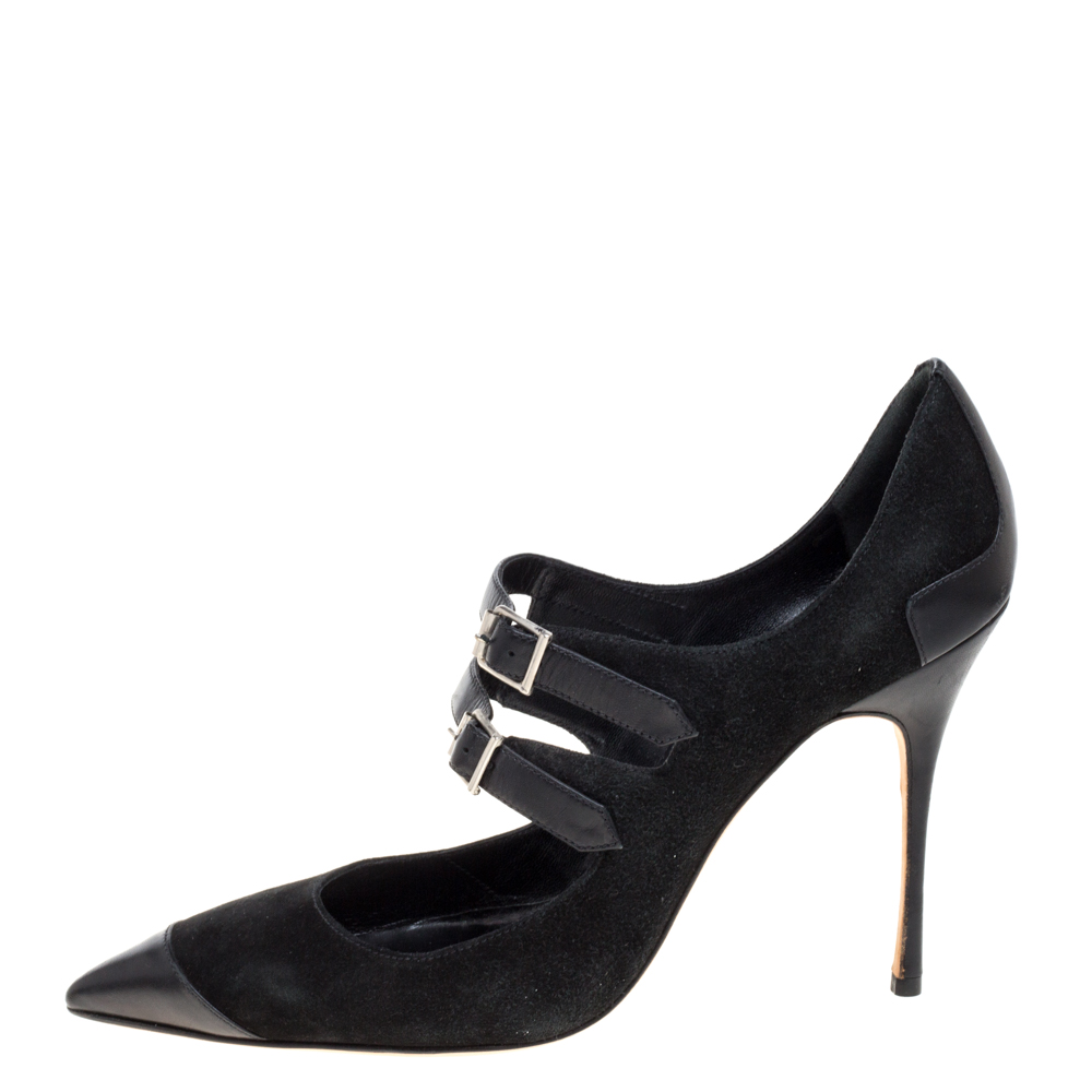 

Manolo Blahnik Black Suede and Leather Mary Jane Pointed Toe Pumps Size