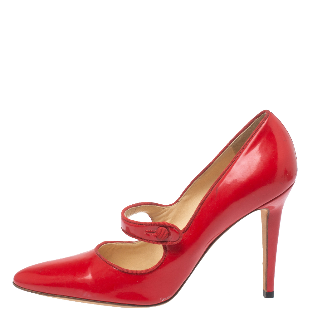 

Manolo Blahnik Red Patent Leather Campy Mary Jane Pumps Size