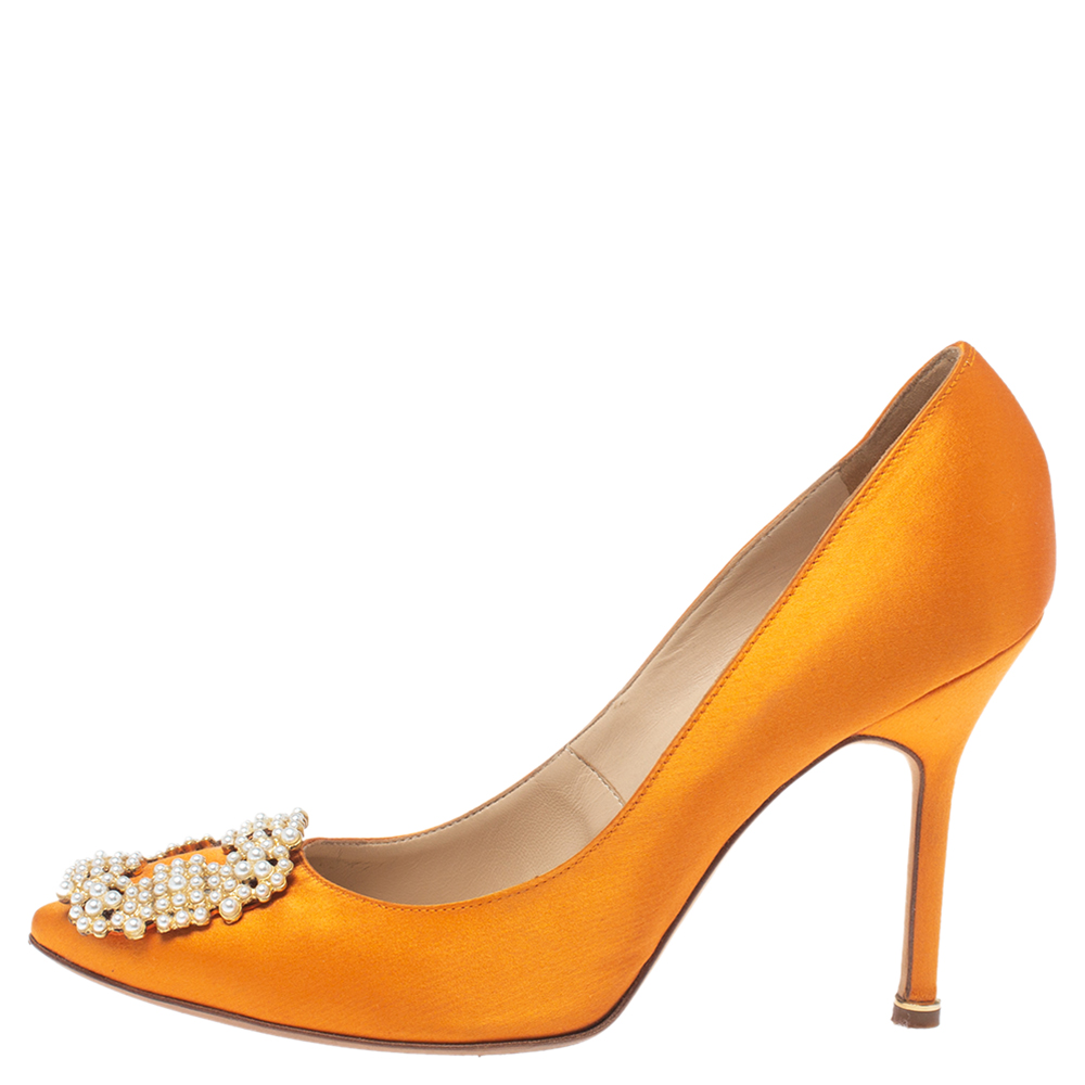 

Manolo Blahnik Orange Satin Pearl Embellished Hangisi Pumps Size