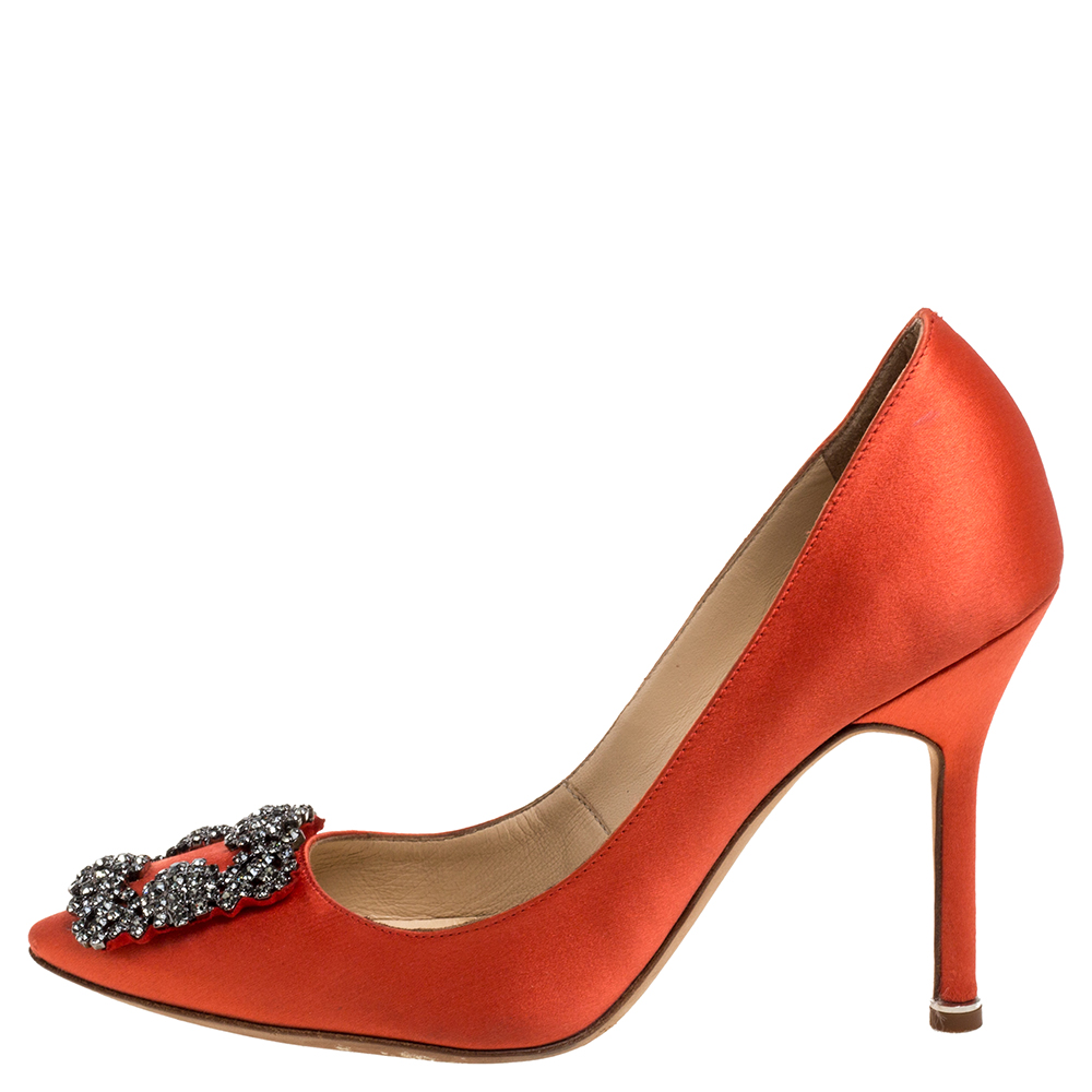 

Manolo Blahnik Orange Satin Hangisi Crystal Embellished Pumps Size